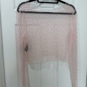 Sheer Pink Pearl Beaded Long Sleeve Top